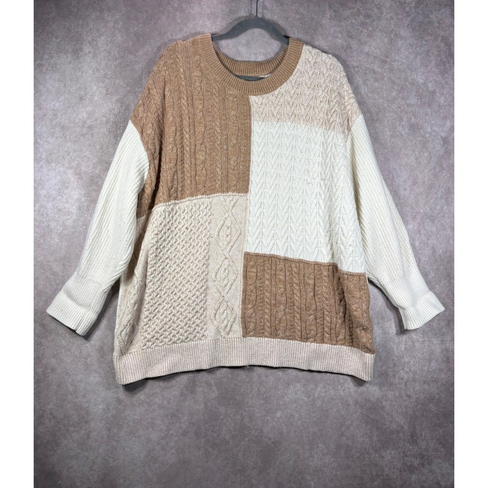 Lands' End Sweater Womens 1X Brown Patchwork Cable Knit Cotton Blend Crew Neck